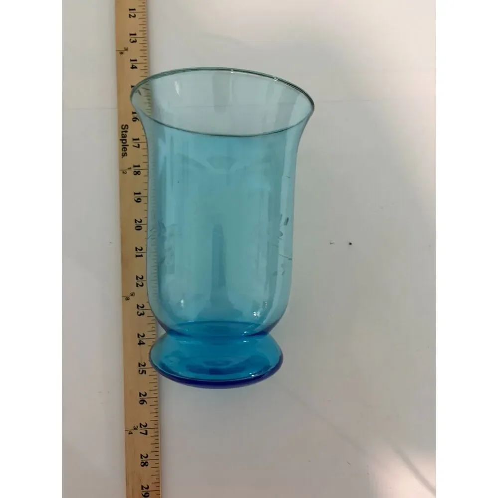 vtg aqua glass footed vase with etched floral design